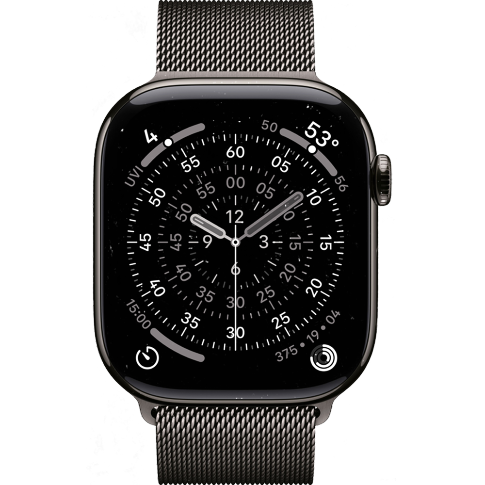 На фото изображено Apple Watch Series 11, 46 мм, корпус из титана цвета «серый», ремешок Milanese серого цвета, размер M/L
