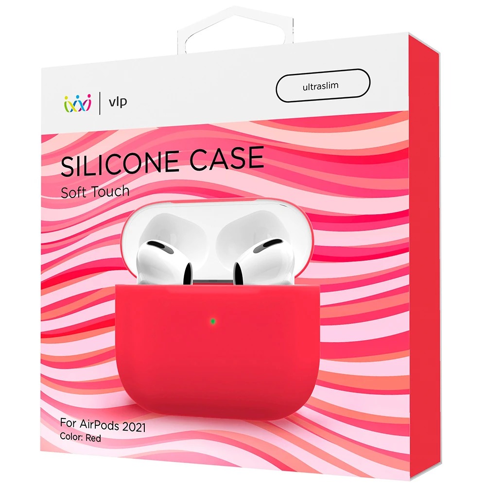 На фото изображено Чехол силиконовый VLP Soft Touch для AirPods 3, красный
