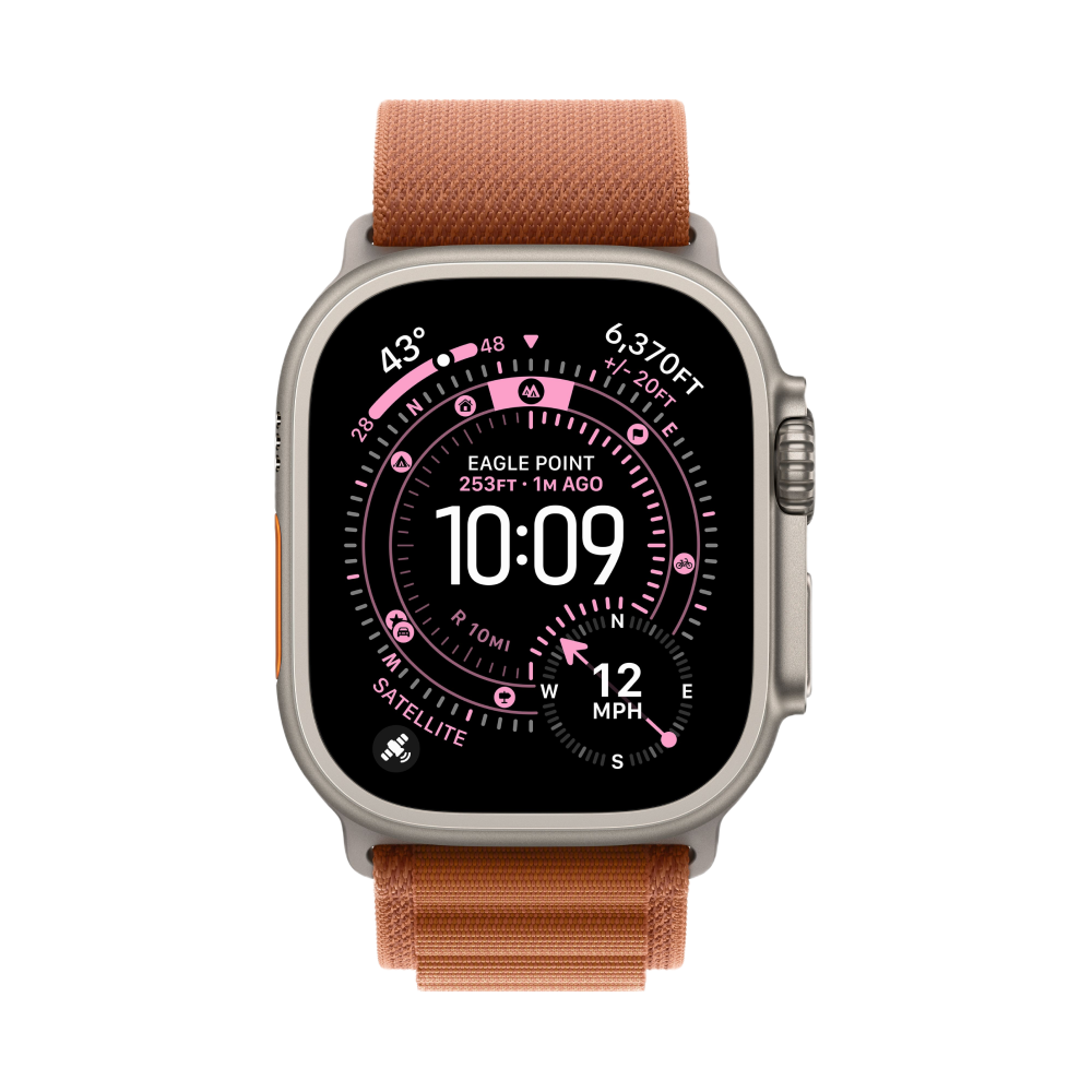 На фото изображено Apple Watch Ultra 3 GPS + Cellular, 49 мм, корпус из натурального титана, ремешок Alpine, цвет терракотовый, M