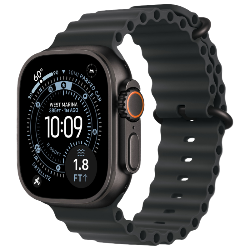 Фото Apple Watch Ultra 3 GPS + Cellular, 49 мм, корпус из чёрного титана, ремешок Ocean Band, цвет чёрный На фото изображено Apple Watch Ultra 3 GPS + Cellular, 49 мм, корпус из чёрного титана, ремешок Ocean Band, цвет чёрный