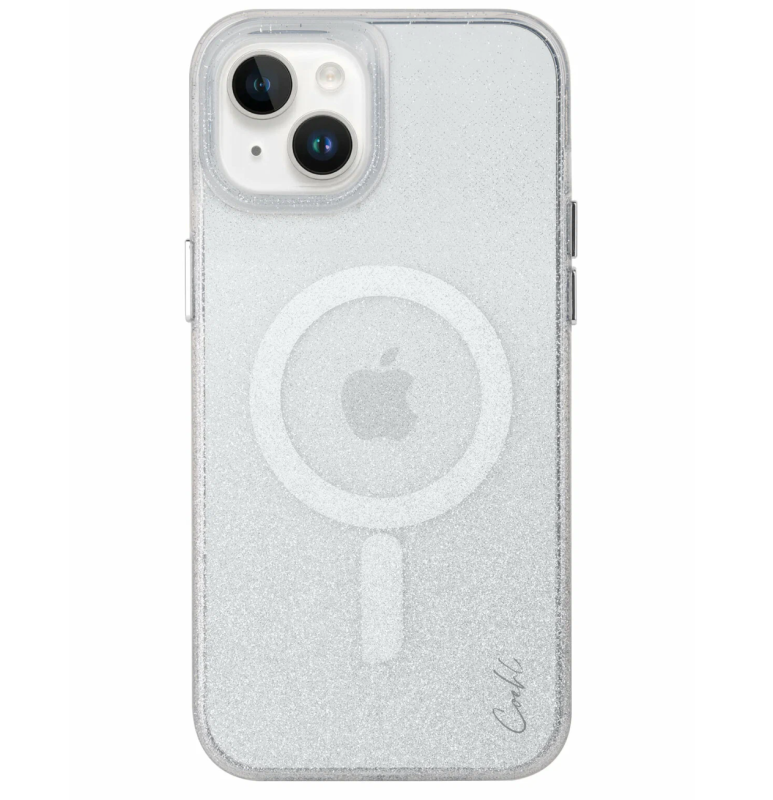 Фото Чехол Uniq для iPhone 14 COEHL Lumino Sparkling (MagSafe), серебристый На фото изображено Чехол Uniq для iPhone 14 COEHL Lumino Sparkling (MagSafe), серебристый
