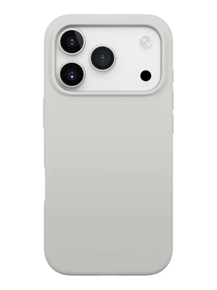 На фото изображено Чехол Uniq Lino MagSafe для iPhone 17 Pro Max, серый