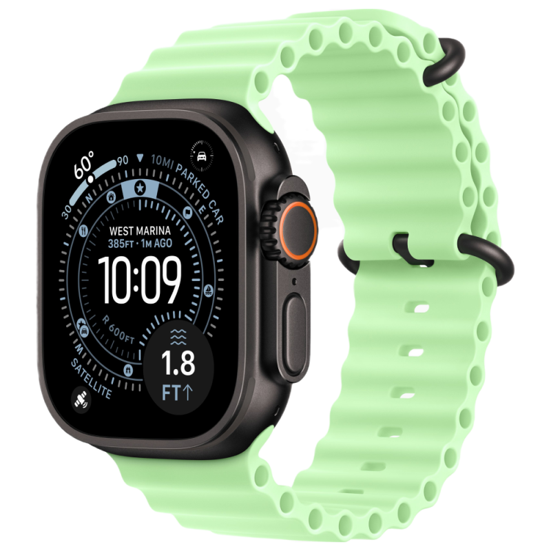 На фото изображено Apple Watch Ultra 3 GPS + Cellular, 49 мм, корпус из чёрного титана, ремешок Ocean Band, цвет неоновый зелёный