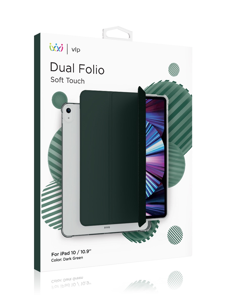 На фото изображено Чехол защитный VLP Dual Folio Case для iPad 10, темно-зеленый