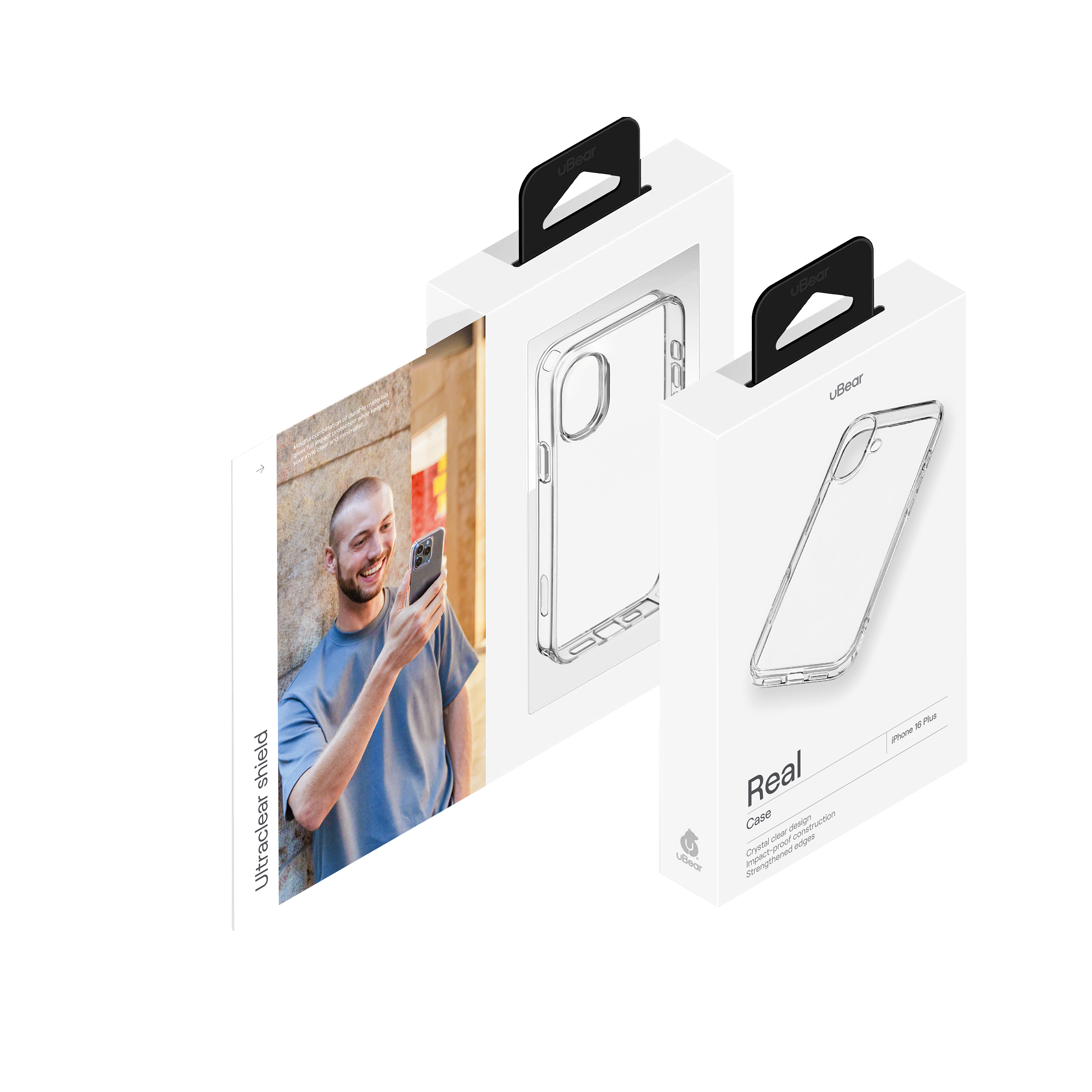 На фото изображено Чехол защитный uBear Real Case для iPhone 16 Plus, усиленный, прозрачный