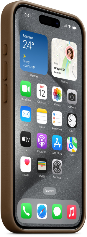 На фото изображено Чехол Apple MagSafe FineWoven для iPhone 15 Pro, Серо-коричневый