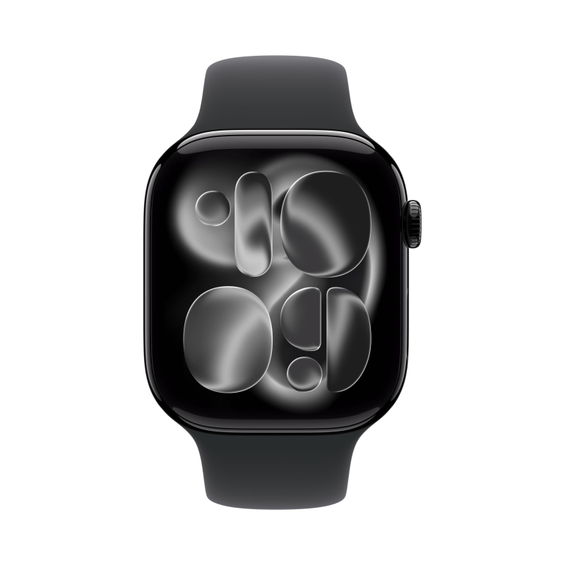На фото изображено Apple Watch Series 11, 46 мм, корпус из алюминия цвета «Чёрный оникс», спортивный ремешок, размер S/M