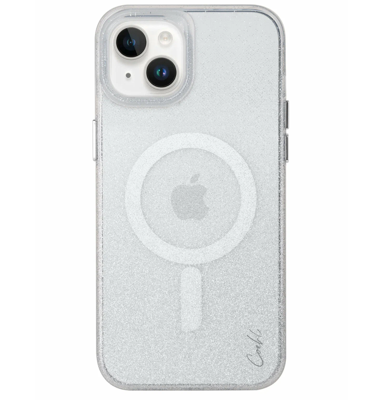 На фото изображено Чехол Uniq для iPhone 14 COEHL Lumino Sparkling (MagSafe), серебристый