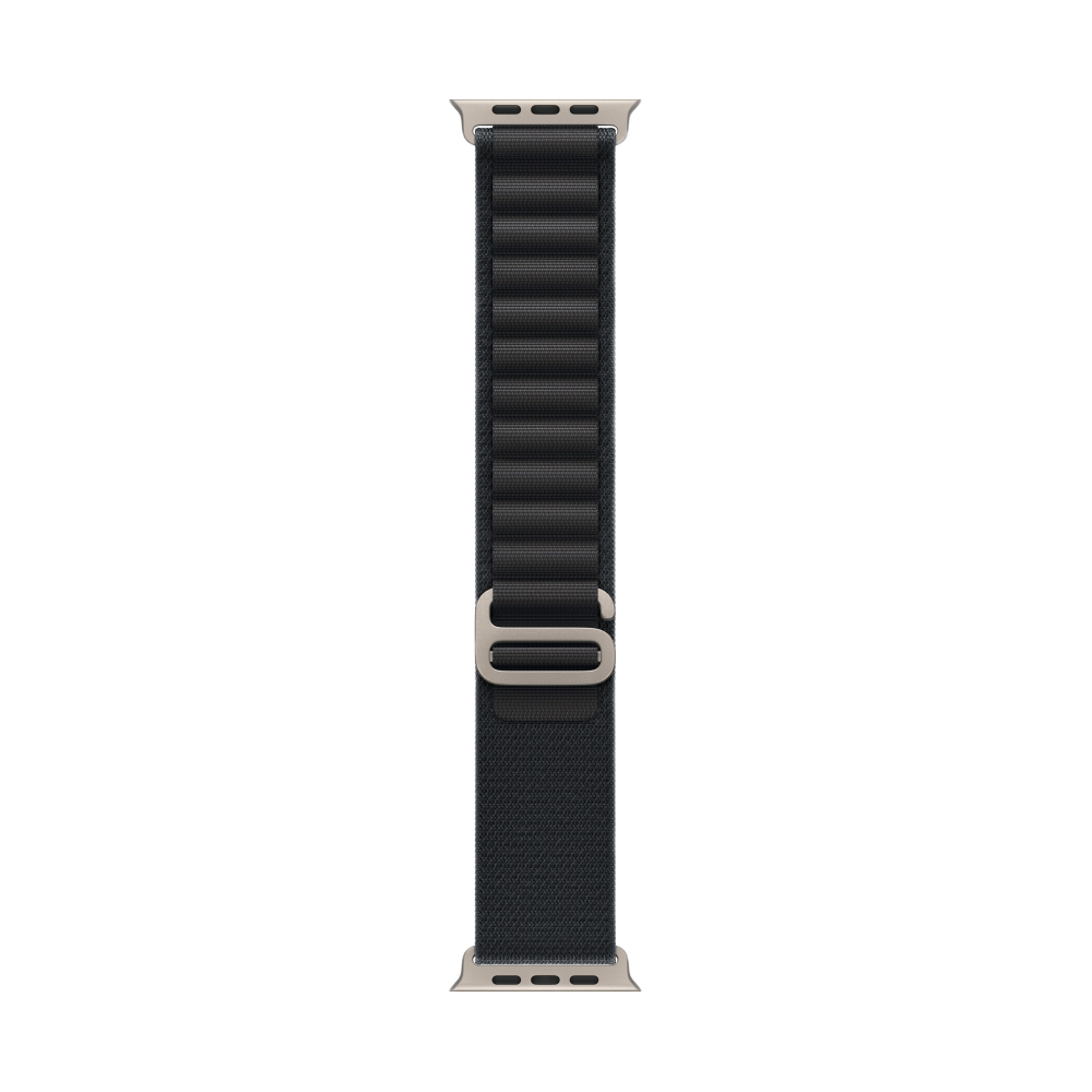 На фото изображено Apple Watch Ultra 3 GPS + Cellular, 49 мм, корпус из натурального титана, ремешок Alpine, цвет чёрный, M