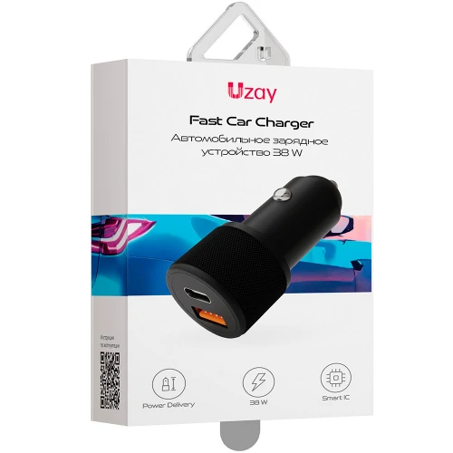 На фото изображено Автомобильное зарядное устройство Uzay 38W USB-C+USB-A, черное