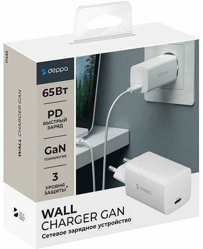 Сетевое зарядное устройство Wall Charger 2хUSB-C, 65Вт, GaN, белый
